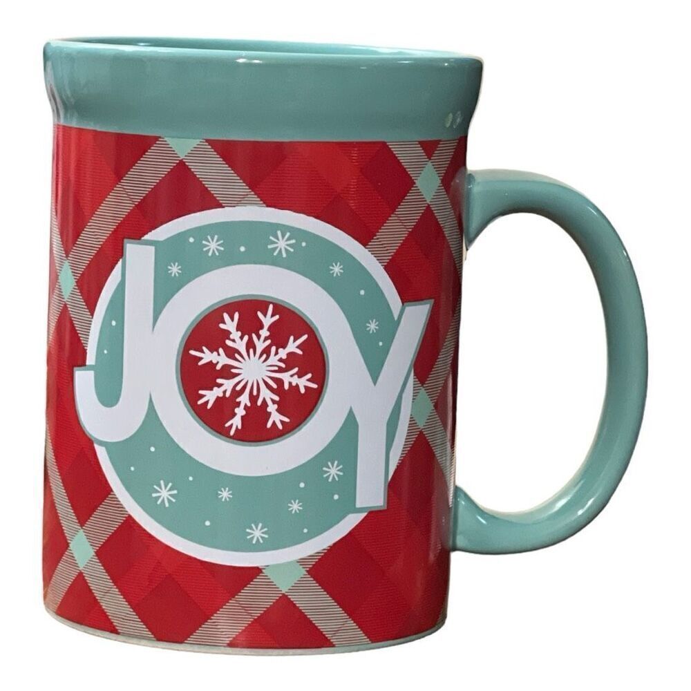 DesignPac “JOY” Christmas Holiday coffee mug Red & green plaid Stoneware 14 oz.